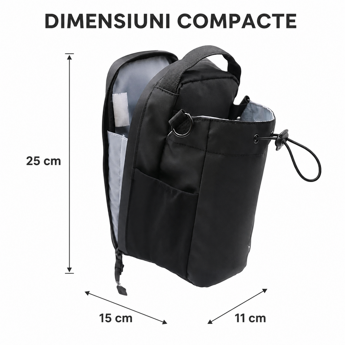Dimensiunile genții magnetice Nexora: 25 x 15 x 11 cm