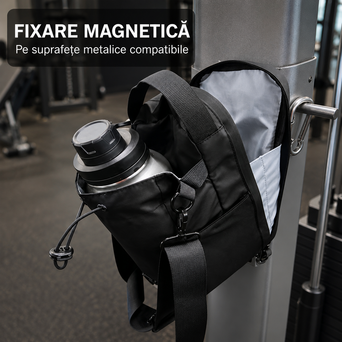 Geantă magnetică Nexora fixată pe o suprafață metalică compatibilă
