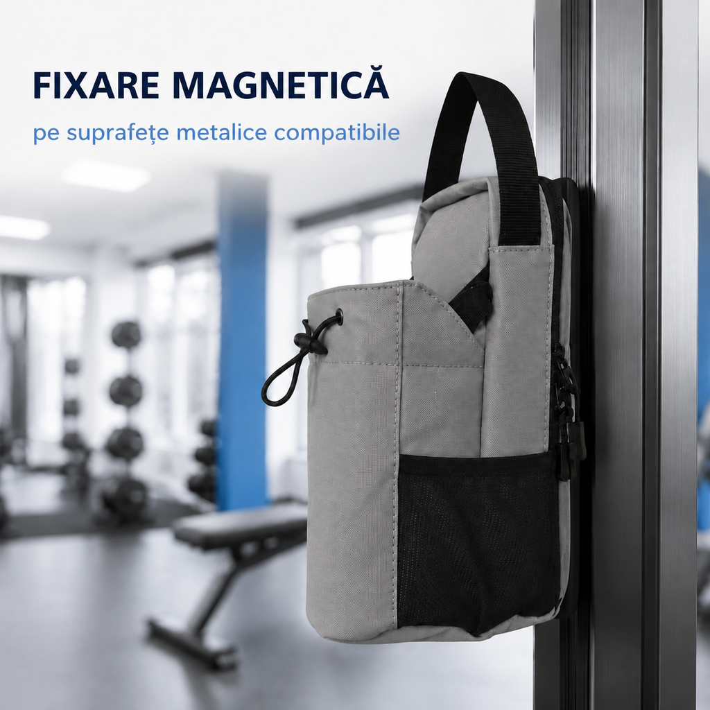 Geantă magnetică Nexora gri fixată pe o suprafață metalică compatibilă