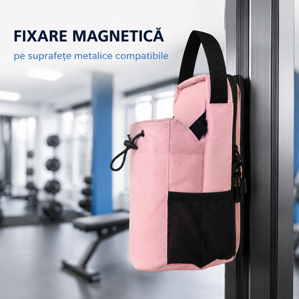 Geantă magnetică Nexora roz fixată pe o suprafață metalică compatibilă